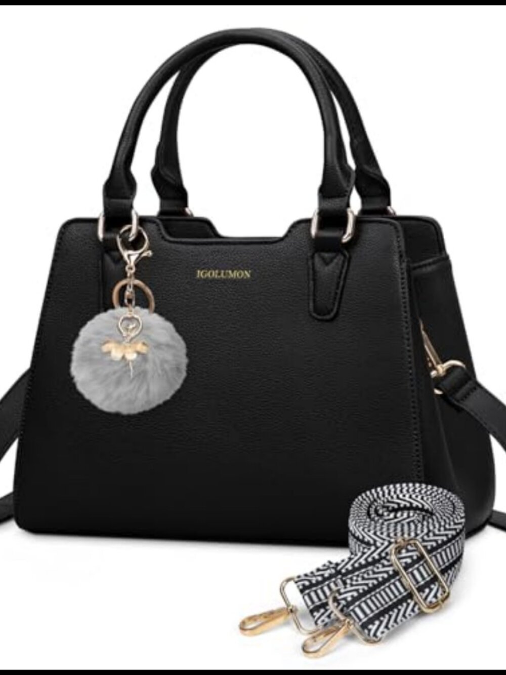 PU Vegan Leather Satchel Handbag Top-Handle Tote Purse with Pompom